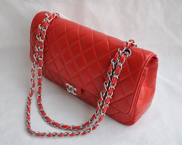 Chanel Classic 2.55 Series Red Lambskin Silver Chain Quilted Flap Bag 1113