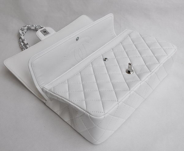 Chanel Classic 2.55 Series White Lambskin Silver Chain Quilted Flap Bag 1113