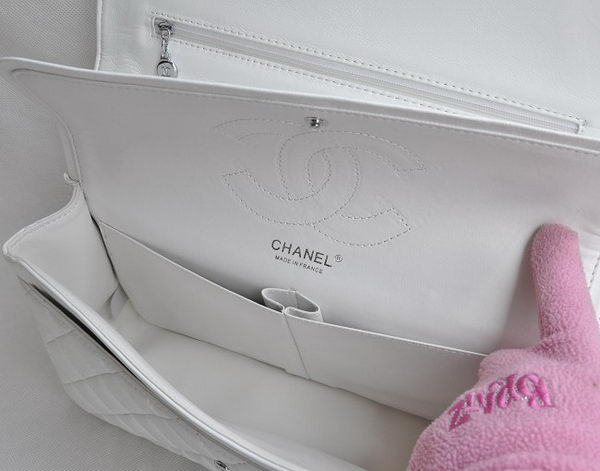 Chanel Classic 2.55 Series White Lambskin Silver Chain Quilted Flap Bag 1113