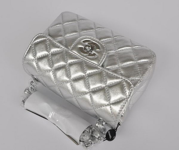 Chanel Classic Light Silver Lambskin Silver Chain Quilted Flap Bag 1115