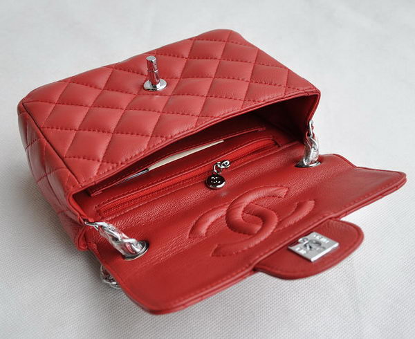 Chanel Classic Red Lambskin Silver Chain Quilted Flap Bag 1115