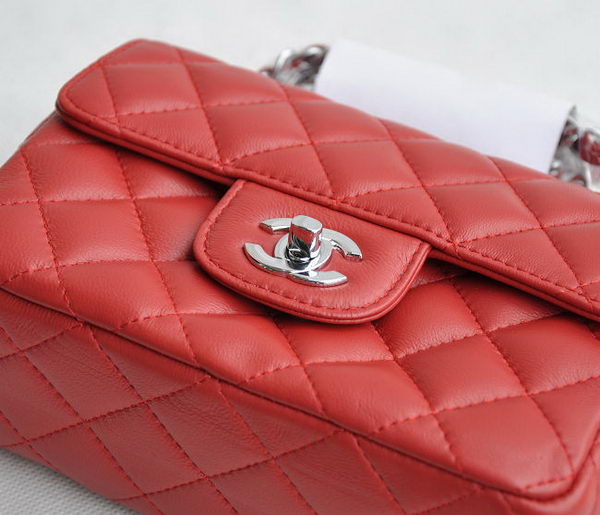 Chanel Classic Red Lambskin Silver Chain Quilted Flap Bag 1115