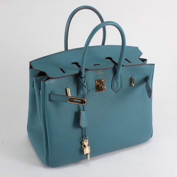 Hermes Birkin 35CM Smooth Leather Handbag 6089 Blue Golden