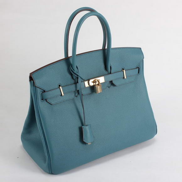 Hermes Birkin 35CM Smooth Leather Handbag 6089 Blue Golden