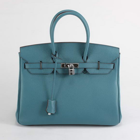 Hermes Birkin 35CM Smooth Leather Handbag 6089 Blue Silver