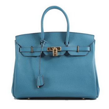 Hermes Birkin 35CM Togo Leather Handbag 6089 Blue Golden