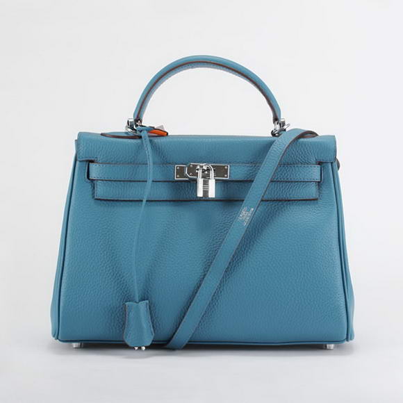 Hermes Kelly 32cm Togo Leather Handbags 6018 Blue Silver