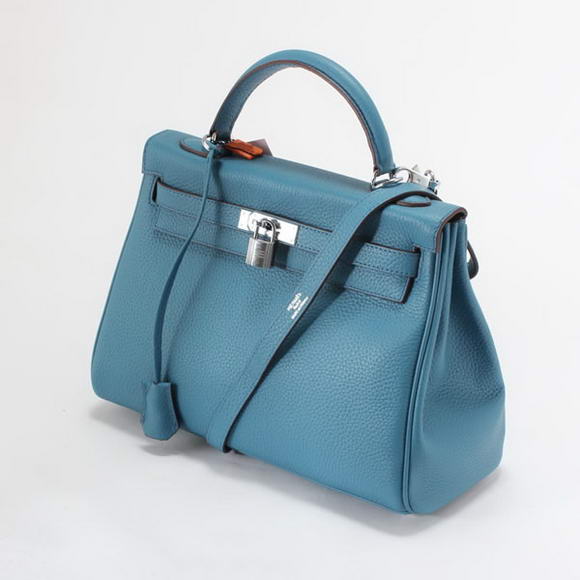 Hermes Kelly 32cm Togo Leather Handbags 6018 Blue Silver