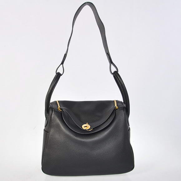 Hermes Lindy 30CM Havanne Handbags 1057 Black Leather Golden Hardware