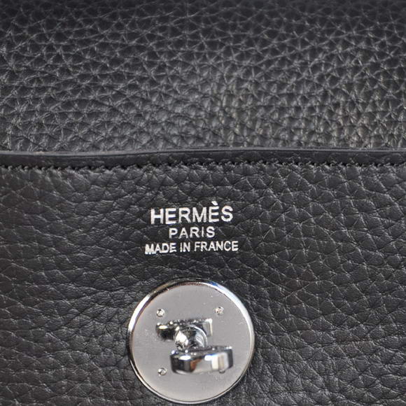 Hermes Lindy 30CM Havanne Handbags 1057 Black Leather Silver Hardware