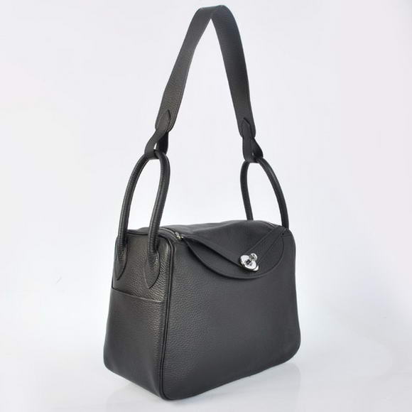 Hermes Lindy 30CM Havanne Handbags 1057 Black Leather Silver Hardware