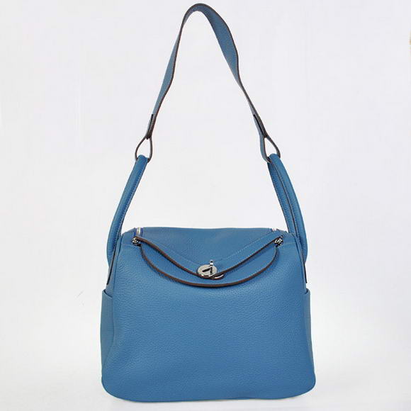 Hermes Lindy 30CM Havanne Handbags 1057 Blue Leather Silver Hardware