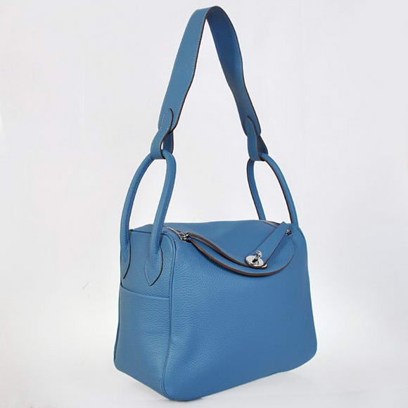 Hermes Lindy 30CM Havanne Handbags 1057 Blue Leather Silver Hardware