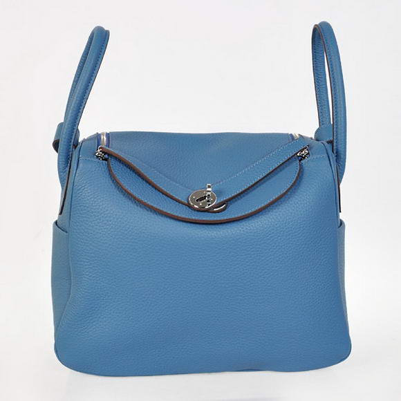 Hermes Lindy 30CM Havanne Handbags 1057 Blue Leather Silver Hardware