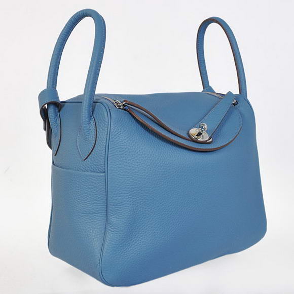 Hermes Lindy 30CM Havanne Handbags 1057 Blue Leather Silver Hardware