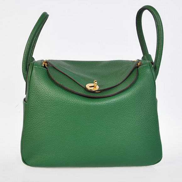 Hermes Lindy 30CM Havanne Handbags 1057 Dark Green Leather Golden Hardware