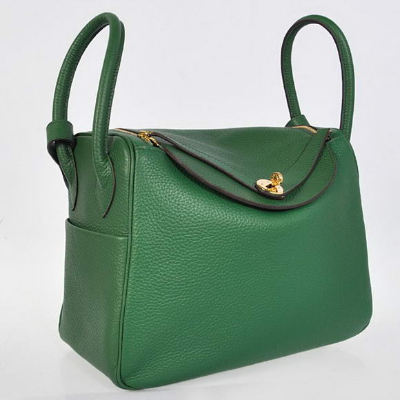 Hermes Lindy 30CM Havanne Handbags 1057 Dark Green Leather Golden Hardware