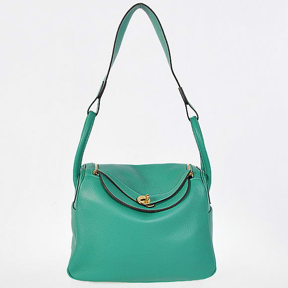 Hermes Lindy 30CM Havanne Handbags 1057 Green Leather Golden Hardware