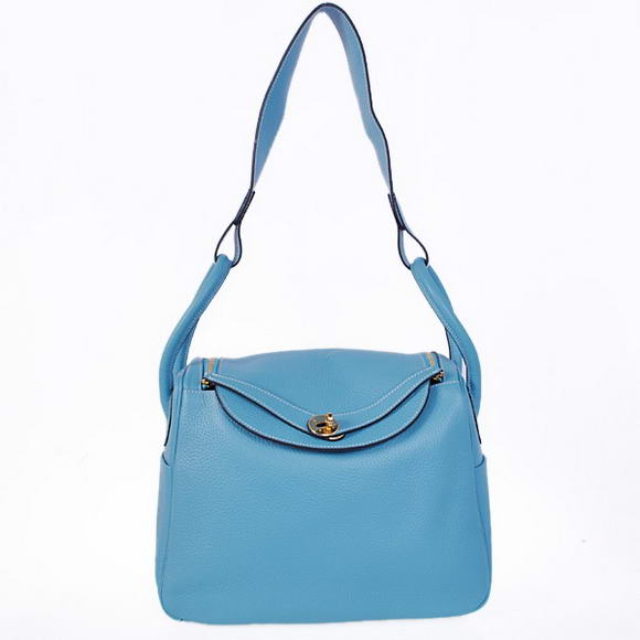 Hermes Lindy 30CM Havanne Handbags 1057 Light Blue Leather Golden Hardware