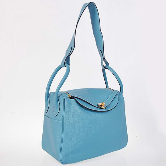 Hermes Lindy 30CM Havanne Handbags 1057 Light Blue Leather Golden Hardware