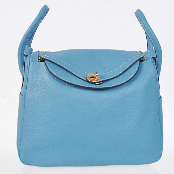 Hermes Lindy 30CM Havanne Handbags 1057 Light Blue Leather Golden Hardware