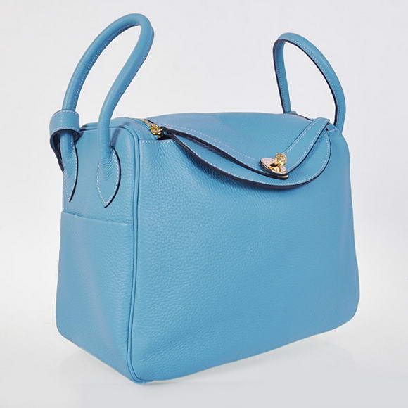 Hermes Lindy 30CM Havanne Handbags 1057 Light Blue Leather Golden Hardware