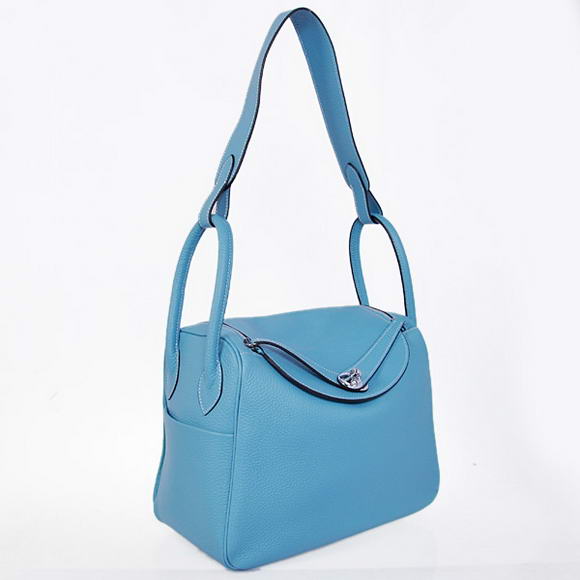 Hermes Lindy 30CM Havanne Handbags 1057 Light Blue Leather Silver Hardware