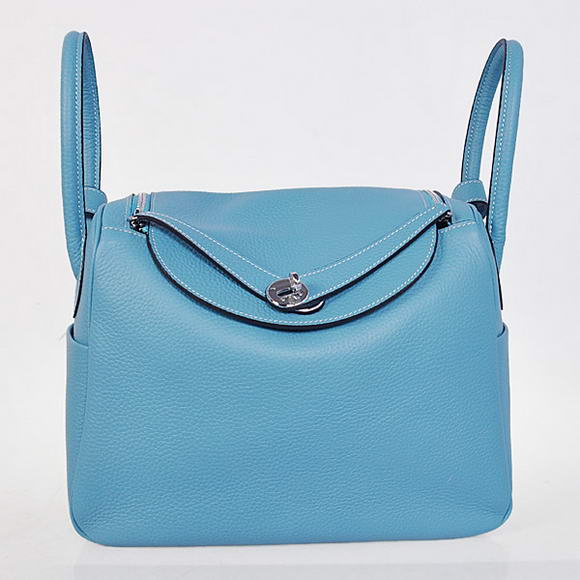 Hermes Lindy 30CM Havanne Handbags 1057 Light Blue Leather Silver Hardware