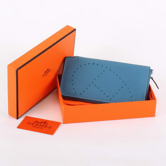 Hermes Togo Leather Perforated Zippy Wallet 9032 Blue