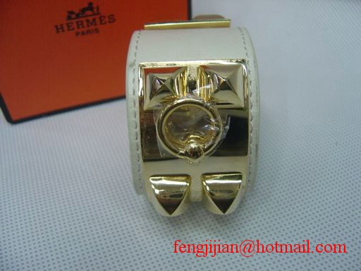 2009 Hermes White Leather Gold Bangle 1171