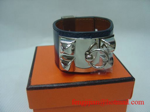 2010 Hermes Black Leather Silver Bangle 1171