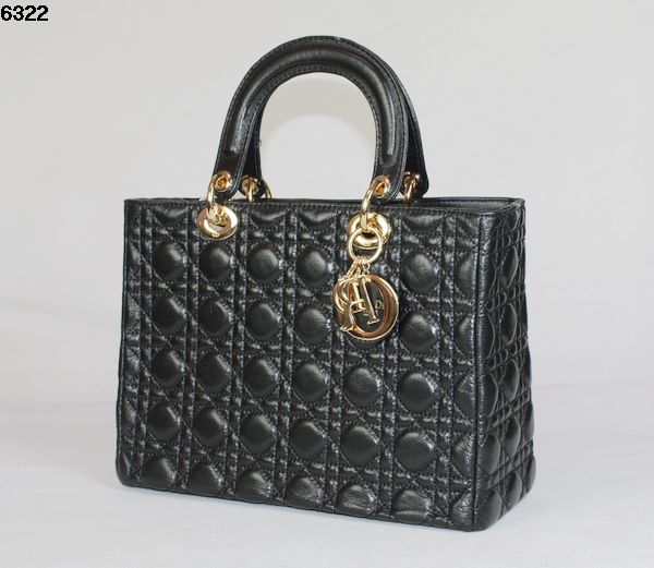 Christian Lady Dior Black Lambskin Bag 6322 Gold