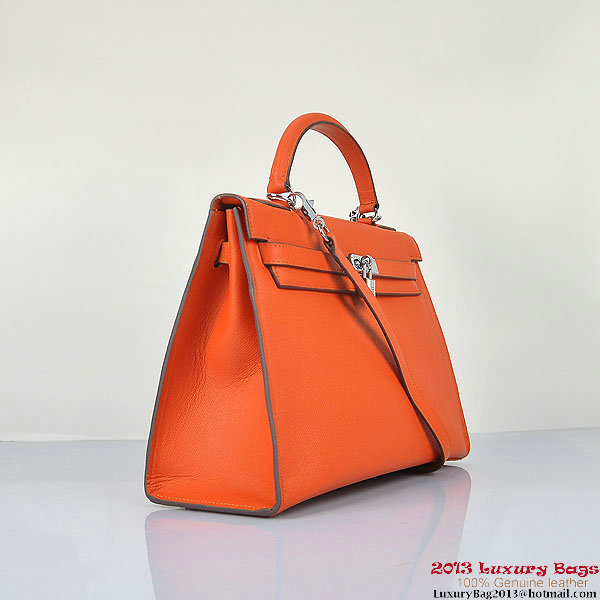 Hermes Kelly 32cm Shoulder Bags H6108 Orange Leather Silver