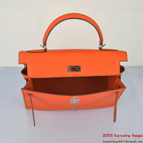 Hermes Kelly 32cm Shoulder Bags H6108 Orange Leather Silver