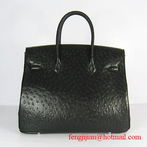 Hermes Birkin 35cm Ostrich Veins Handbag Black 6089 Silver Hardware