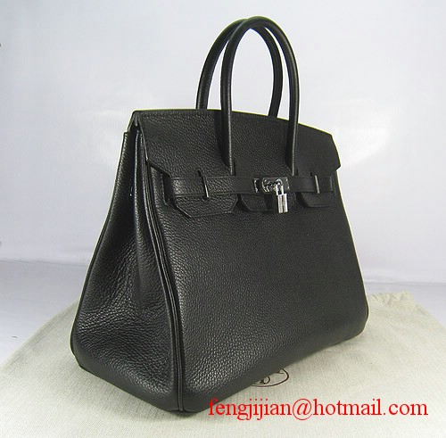 Hermes Birkin 35cm Embossed Veins Leather Bag Black 6089 Silver Hardware