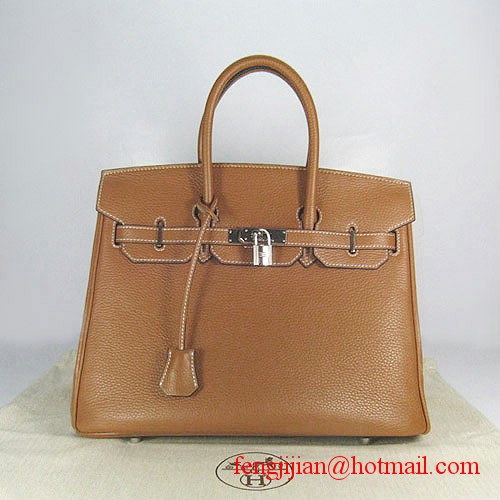 Hermes 35cm Embossed Veins Leather Bag Light Coffee 6089 Silver Hardware