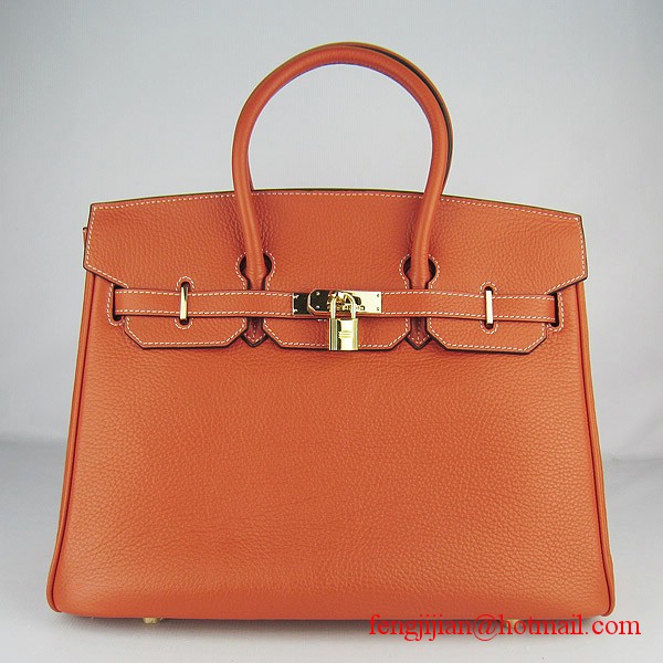 Hermes 35cm Embossed Veins Leather Bag Orange 6089 Gold Hardware