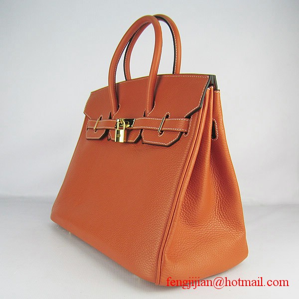 Hermes 35cm Embossed Veins Leather Bag Orange 6089 Gold Hardware