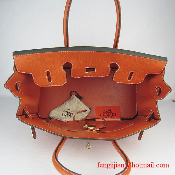 Hermes 35cm Embossed Veins Leather Bag Orange 6089 Gold Hardware