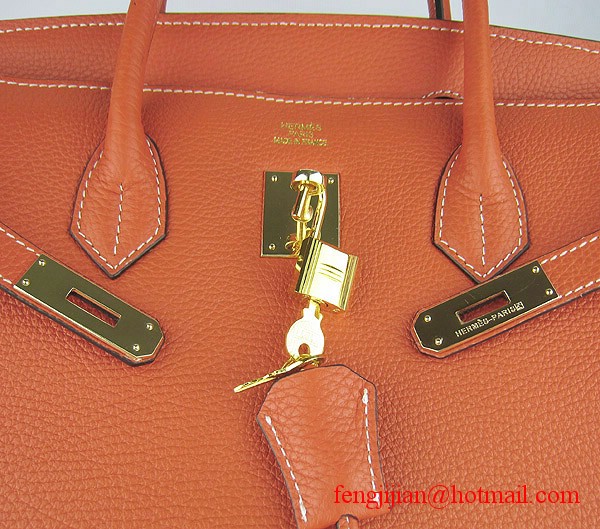 Hermes 35cm Embossed Veins Leather Bag Orange 6089 Gold Hardware