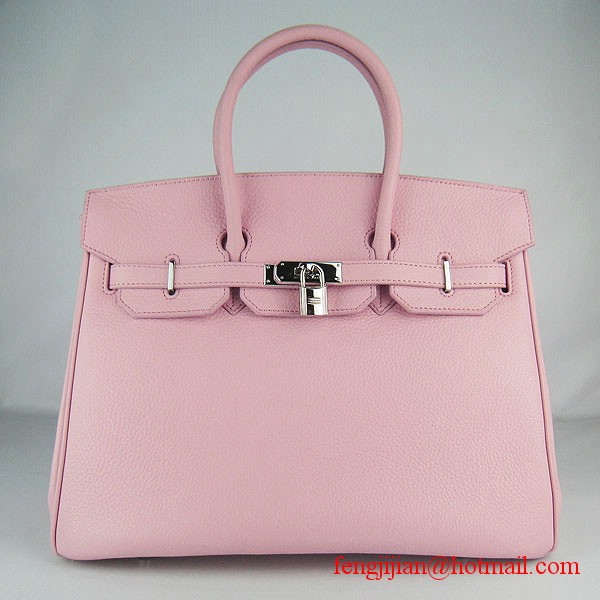 Hermes 35cm Embossed Veins Leather Bag Pink 6089 Silver Hardware