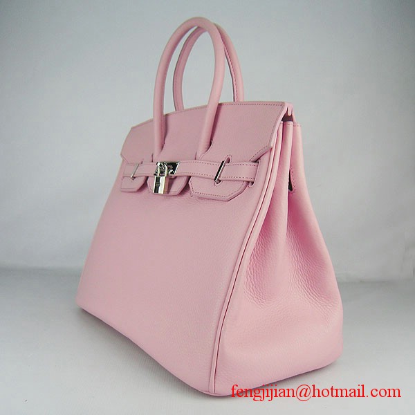 Hermes 35cm Embossed Veins Leather Bag Pink 6089 Silver Hardware