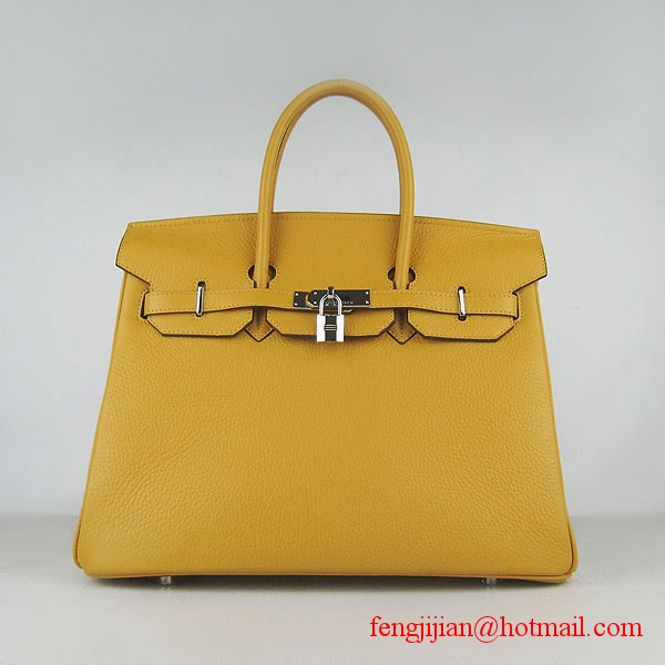 Hermes 35cm Embossed Veins Leather Bag Yellow 6089 Silver Hardware