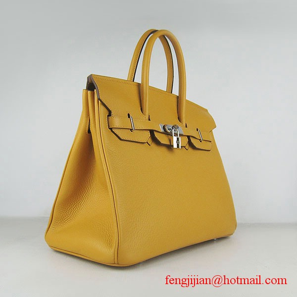 Hermes 35cm Embossed Veins Leather Bag Yellow 6089 Silver Hardware