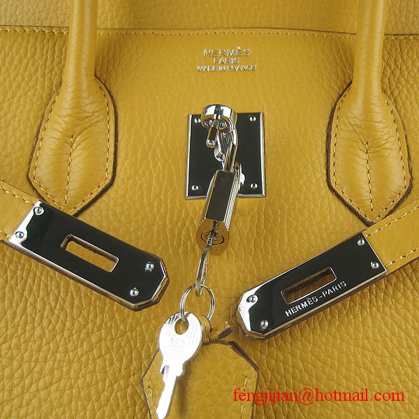 Hermes 35cm Embossed Veins Leather Bag Yellow 6089 Silver Hardware