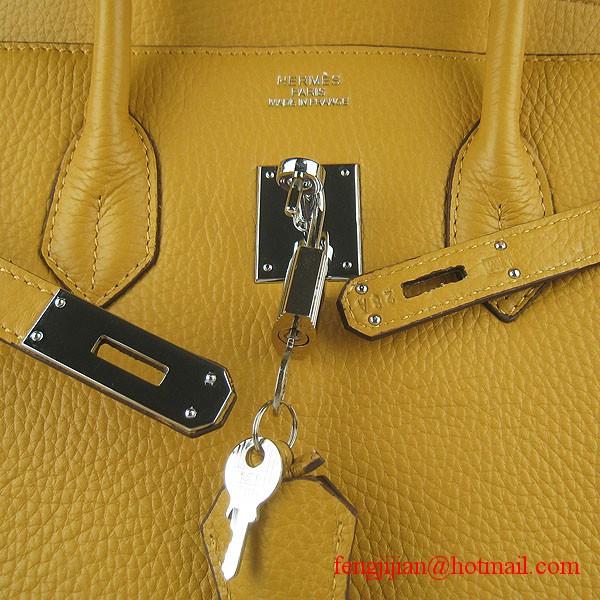 Hermes 35cm Embossed Veins Leather Bag Yellow 6089 Silver Hardware