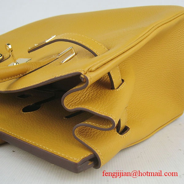 Hermes 35cm Embossed Veins Leather Bag Yellow 6089 Gold Hardware