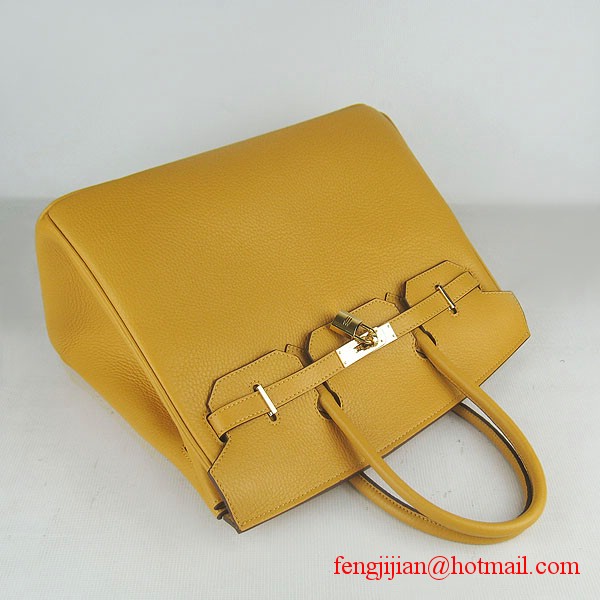 Hermes 35cm Embossed Veins Leather Bag Yellow 6089 Gold Hardware