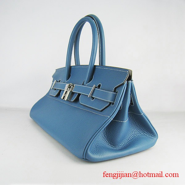 Hermes Birkin 42cm Togo Leather Bag 6109 Blue silver padlock